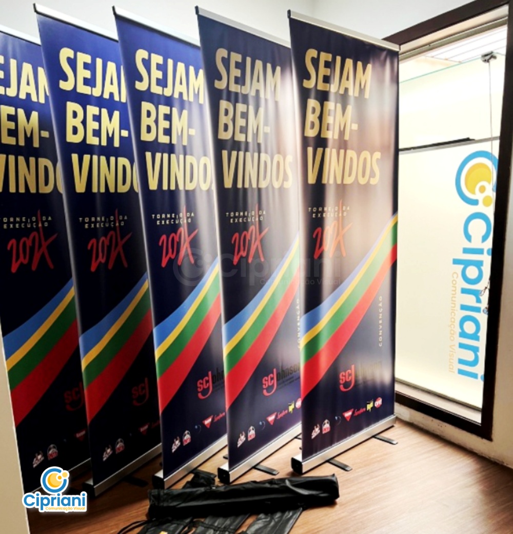 Banner Roll Up 80x200cm em Amarelo e Azul | Projetos Cipriani Comunicação Visual