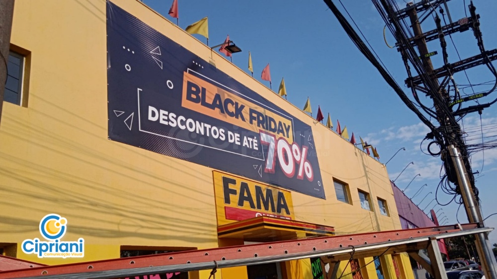 Lona de Promoção em Preto e Amarelo | Projetos Cipriani Comunicação Visual