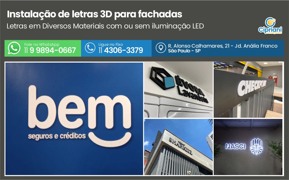 Instalação de letras 3D para fachadas | Cipriani Comunicação Visual em São Paulo SP