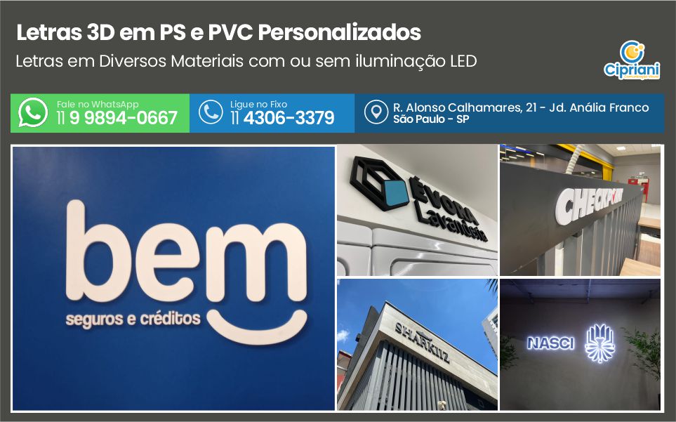 Letras 3D em PS e PVC Personalizados | Cipriani Comunicação Visual em São Paulo SP