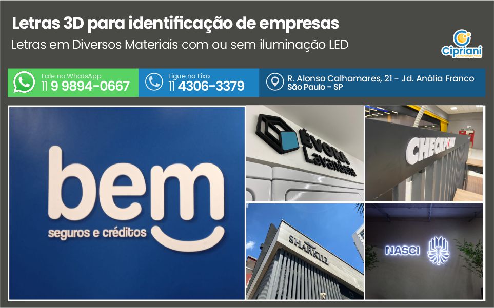 Letras 3D para identificação de empresas | Cipriani Comunicação Visual em São Paulo SP