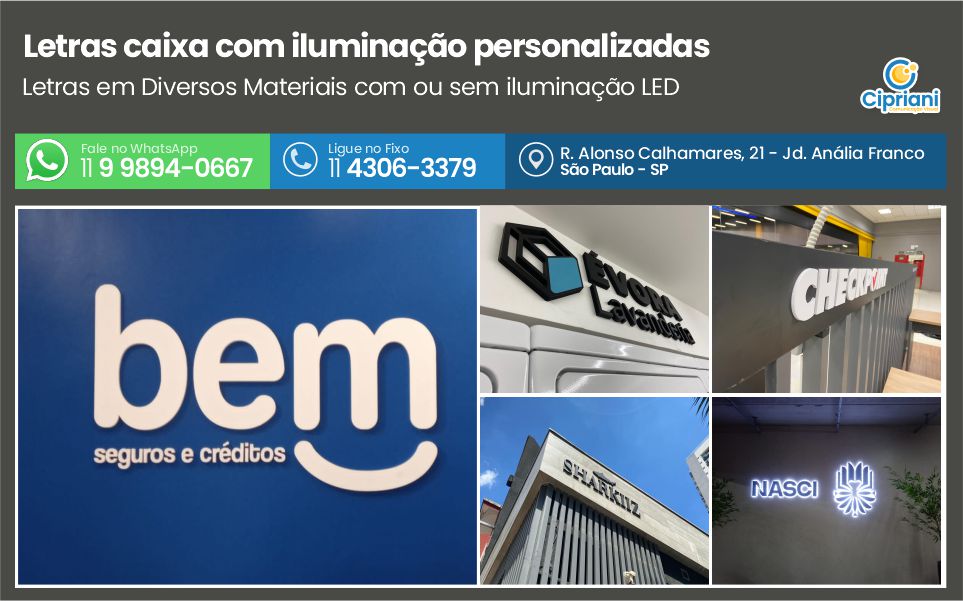 Letras caixa com iluminação personalizadas | Cipriani Comunicação Visual em São Paulo SP