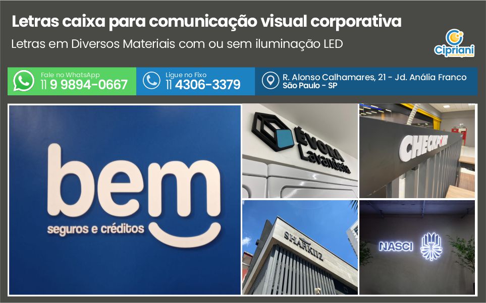 Letras caixa para comunicação visual corporativa | Cipriani Comunicação Visual em São Paulo SP