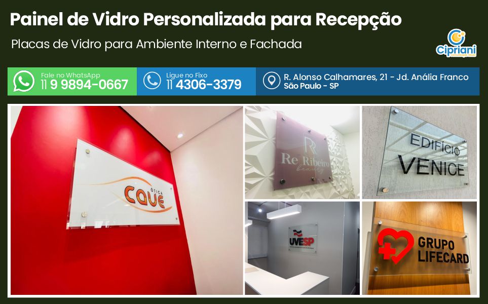 Painel de Vidro Personalizada para Recepção | Cipriani Comunicação Visual em São Paulo SP